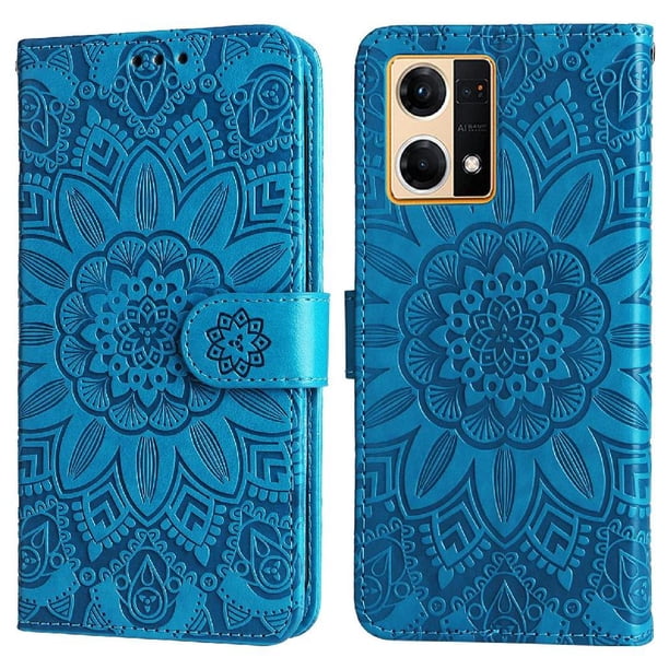Funda tipo cartera FOXDOCK para OPPO Reno 7 4G , diseño girasol en relieve, cuero PU, cierre magnético, soporte y tarjetero