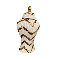 Magideal - Florero De Cerámica Con Forma De Tarro De Jengibre Con Líneas Geométricas Hecho A Mano Con Tapa Para Mesa Arreglo Floral Multiusos Esmaltado Moderno 17X17X31Cm