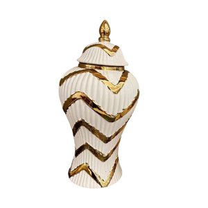 Magideal - Florero De Cerámica Con Forma De Tarro De Jengibre Con Líneas Geométricas Hecho A Mano Con Tapa Para Mesa Arreglo Floral Multiusos Esmaltado Moderno 17X17X31Cm