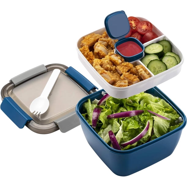 Recipiente para ensalada para llevar, 1,48 m (52 oz) con 3 compartimentos, ideal para aderezos y refrigerios, para hombres y mujeres.