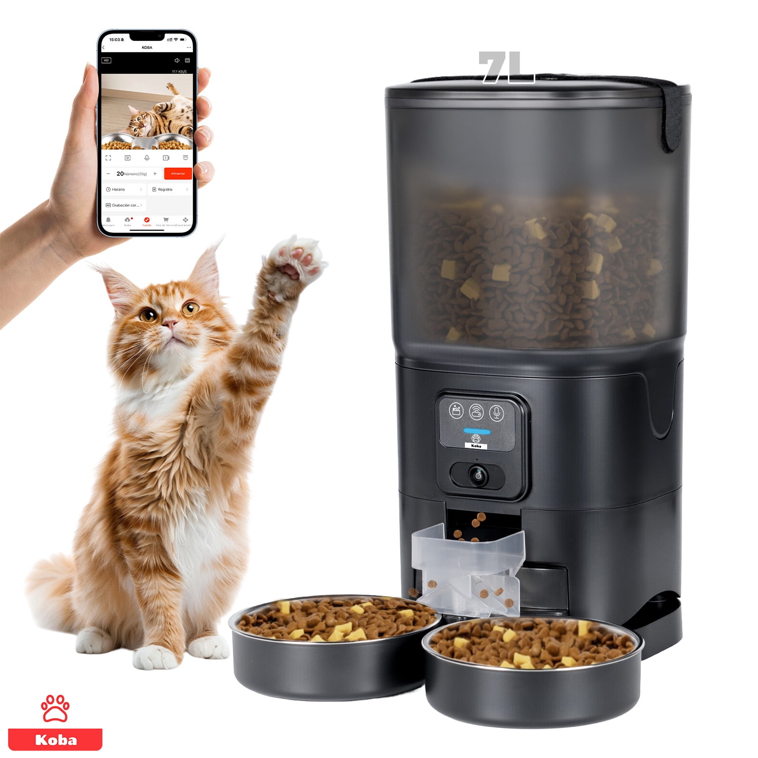 Koba - Dispensador Alimento Automático Para Mascota Perros Gatos Con Cámara 1080p Wifi Control 7 Litros Color Negro
