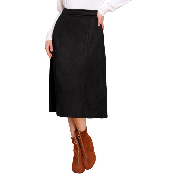 INSPIRE CHIC Falda Midi de Ante Sintético para Mujer Casual Otoño Invierno Falda Línea A - Diseño de Cintura Elástica de Moda XL Negro