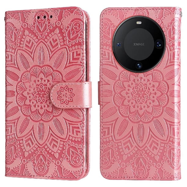 Funda tipo cartera FOXDOCK para Huawei Mate 60 Pro , diseño girasol en relieve, cuero PU, cierre magnético, soporte y tarjetero