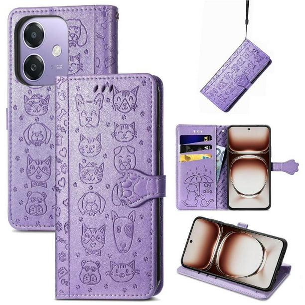 Funda Cartera FOXDOCK para OPPO A40 4G , Flip PU con Relieve de Gatos y Perros, Tarjetero y Soporte