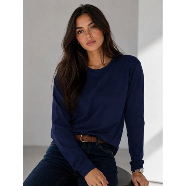 Polera Manga Larga Cuello Redondo 250g Basica Unisex Algodon Azul Marino M-l Lisa