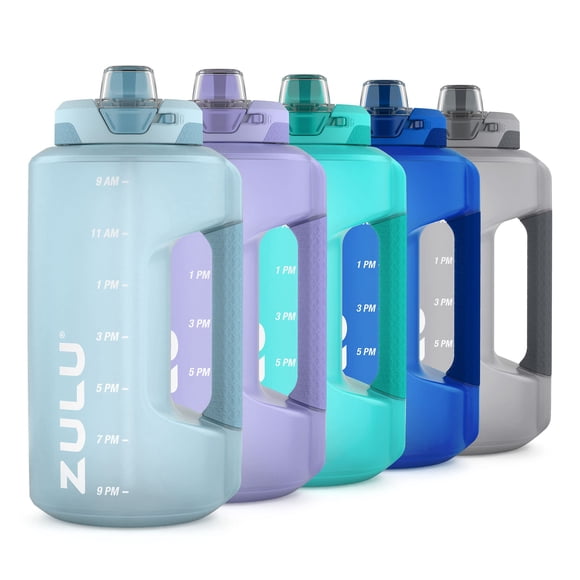 Botella de agua ZULU Goals de medio galón, 1,9 L, con marcador de tiempo azul