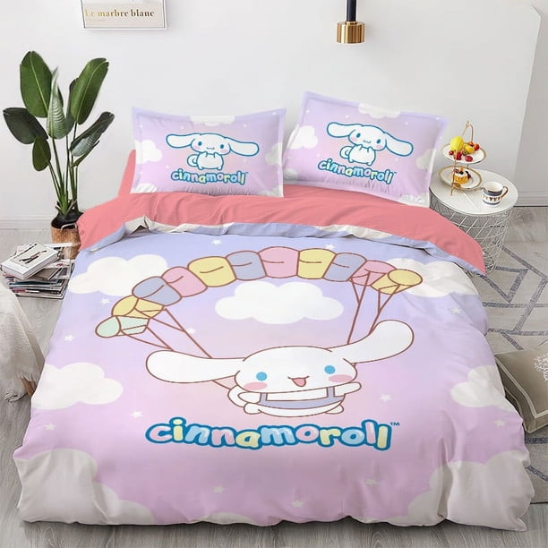 Cinnamo-roll 3 PCS Comfort Set with 2 Pillowcases,Cinna-moroll Bedding Set Sheet Set for Kids Adults,All Season Lightweight Bedding Set for Bedroom Bed Dorm Decor Bed Sheets