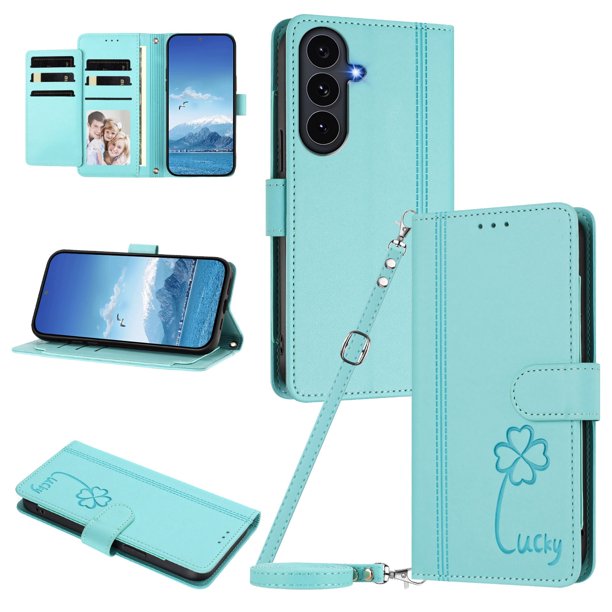 Funda Cartera Trébol para Samsung Galaxy S25 FE con Ranuras Tarjetas y Carga Inalámbrica Verde menta