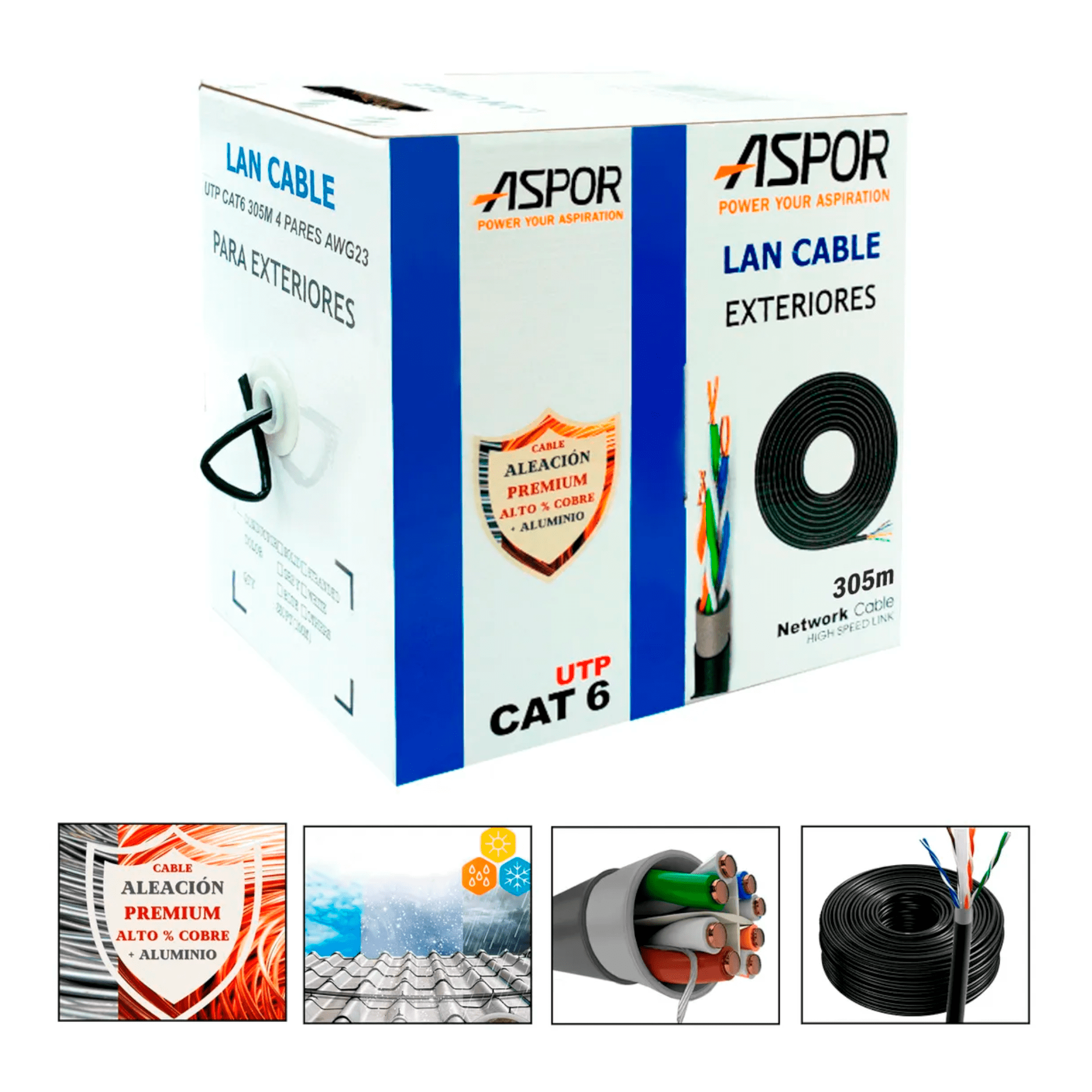 Cable De Red Cat6a Utp 305m 23awg Exterior Cca Aspor