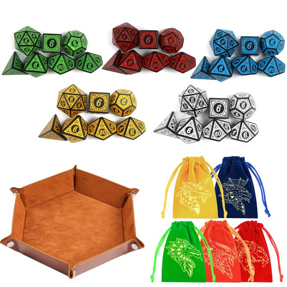 Juego de dados PUGED DND 35 Polyhedral con bolsas y bandeja para D&D RPG