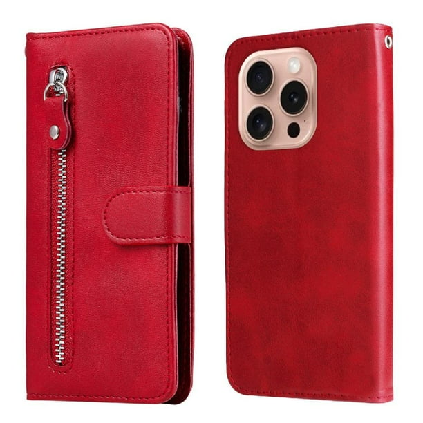 Funda con Cremallera para iPhone 16 Pro, Carcasa Cartera de Cuero PU con Soporte y Tarjetero