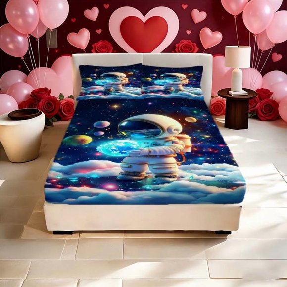 Astronaut Hugging the Earth Illustration Printed Fitted Sheet Set Fitted Sheet and Pillowcase Set Soft and Comfortable Suitable for All Seasons Ideal for Home a