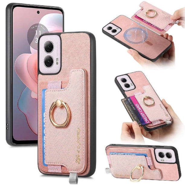 Funda Magnética Para Motorola Moto G Power 2024 5g Con Billetera Y Anillo Protector Resistente Rosa