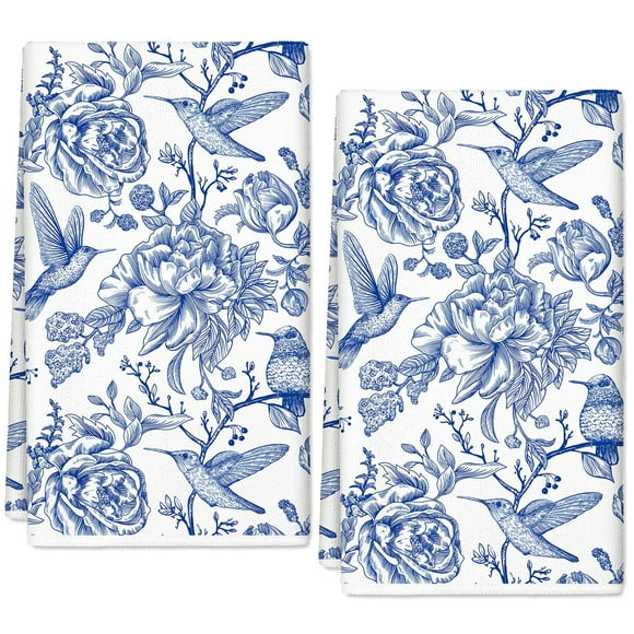 Juego de 2 paños de cocina AnyDesign Chinoiserie Floral, azul y blanco