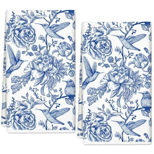 Genérico - Juego De 2 Paños De Cocina Anydesign Chinoiserie Floral, Azul Y Blanco