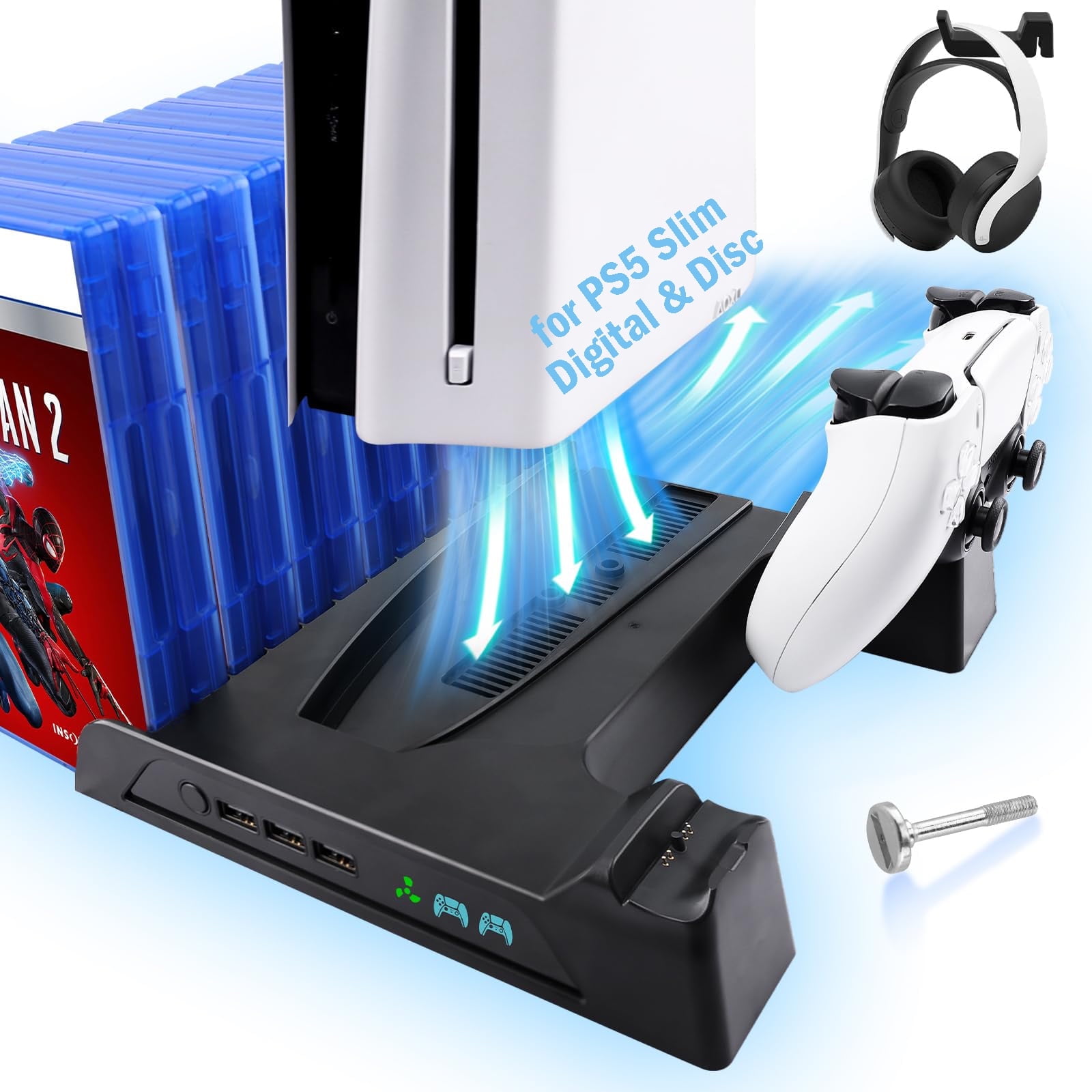 Estación De Enfriamiento Aaronmei Para Consola Ps5 Slim Con Carga Rápida Dual Y Hub Usb 3 Puertos Negro