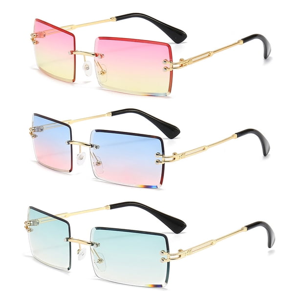 3 pares de gafas de sol rectangulares sin montura, tintadas, vintage, transparentes, rectangulares, estilo Y2K, para mujeres y hombres.