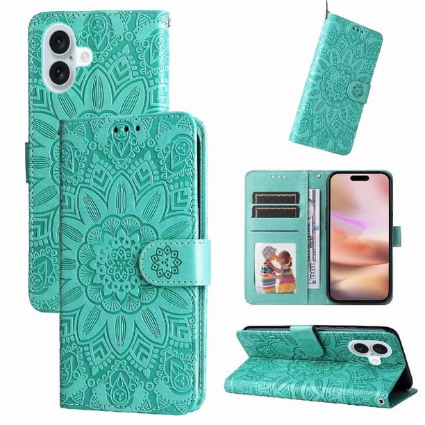 Funda tipo cartera FOXDOCK para iPhone 16 Plus , diseño girasol en relieve, cuero PU, cierre magnético, soporte y tarjetero