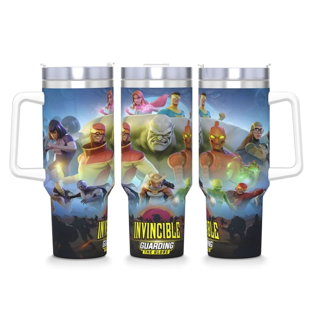 Invencible Vaso aislado de acero inoxidable con asa, diseño temático, regalo para familia, amigos y fans; incluye pajita y encaja en el portavasos estándar, 40 oz