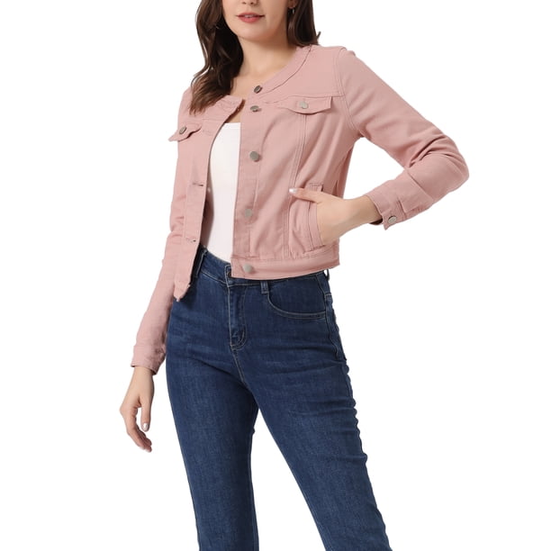 INSPIRE CHIC Chaqueta de Mezclilla Recortada de Manga Larga sin Cuello con Botones para Mujer Rosa Polvoriento S
