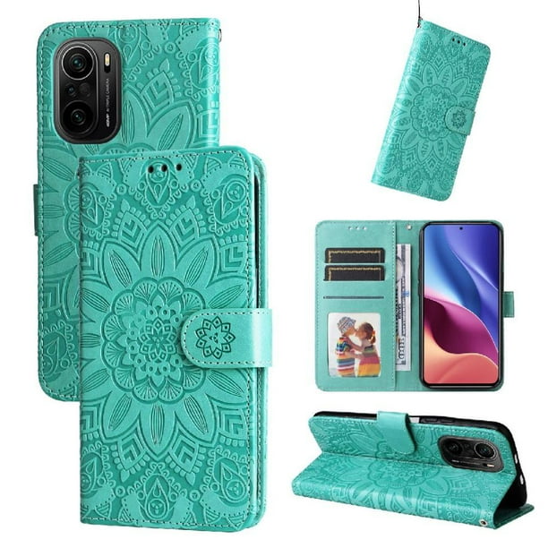 Funda tipo cartera FOXDOCK para Xiaomi Poco F3 Pro , diseño girasol en relieve, cuero PU, cierre magnético, soporte y tarjetero