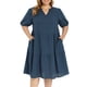 thumbnail image 1 of Vestido de Cuadros Vichy para Mujer de Talla Grande GRACE & GRANDEUR con Escote con Muescas, Manga Abullonada, Midi, Escalonado, Casual, Primavera Verano con Bolsillos 4X Azul Marino, 1 of 6