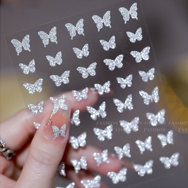 5pcs,Reflective Glitter 3D Nail Stickers Decals,Laser Silver Heart Star Love Butterfly Sticker For Nails Sparkly Nail Art Decoration Wedding Party Nail Stickers Decor