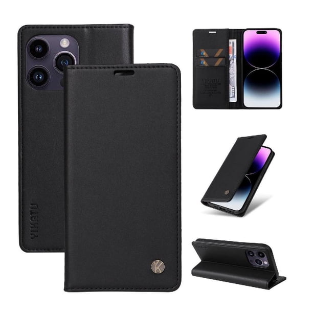 Funda Billetera de Cuero para iPhone 15 Pro Max con Tarjetero y Soporte - Tapa Magnética Negro
