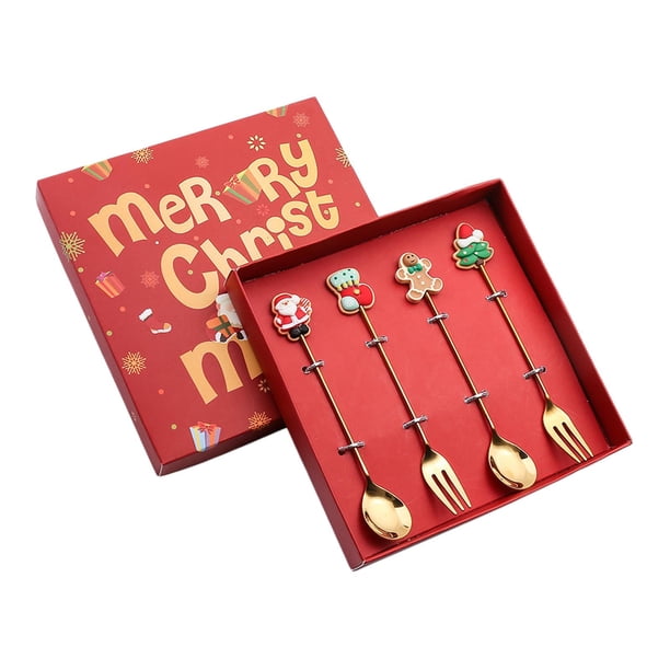 Juego de Tenedores de Cucharas Navideñas, Kits de Cubiertos Navideños, Cuchara de Sopa, Postre, Cucharas de Té, Cubiertos, Juego de Cubiertos para Res 4 piezas D.
