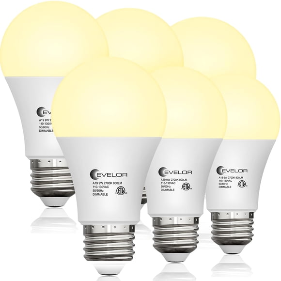 Bombilla LED Evelor A19 9W 2700K Regulable (Pack de 6)