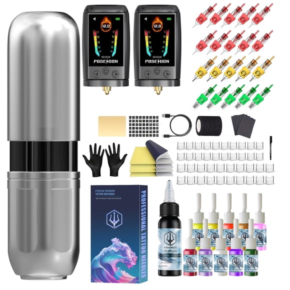 Kit de máquina de tatuaje POSEIDON inalámbrico con juego de agujas y tinta