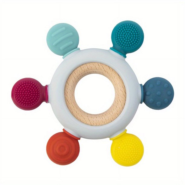 Baby Teething Toys Silicone Rudder With Wooden Ring Soothe Silicone Teether BPA Free Babies Gums Grip Toys , Food Grade Silicone Chew Baby Toys, Soft Texture, Easy To Hold And Clean, Shower Gift For