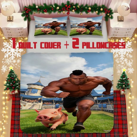 3pcss Wild Boar Knight Muscle Image Soft Printed Bedding Set Polyester Fabric Decorative & Warm Ideal for Bedroom or Guest Room
