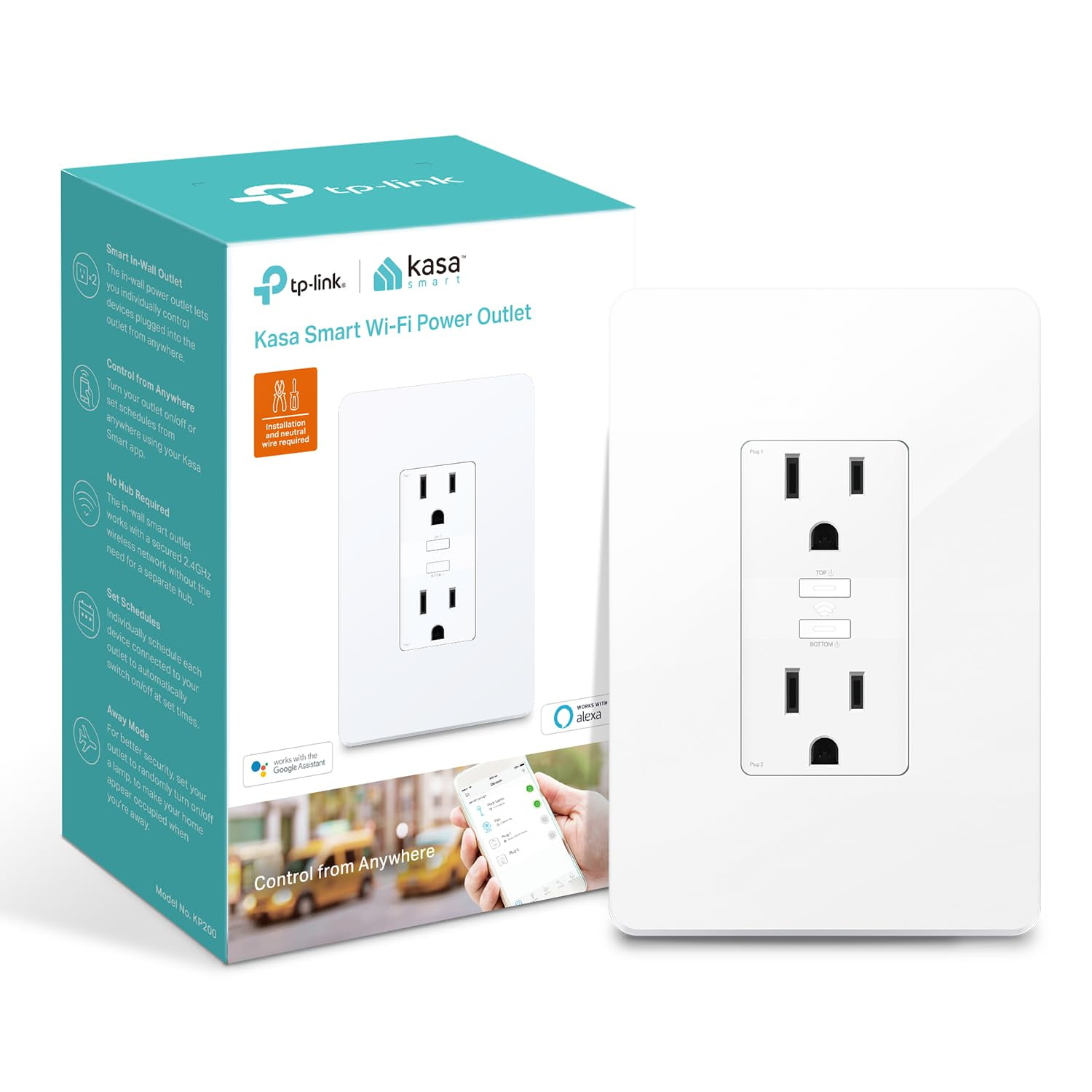 Kasa Smart - Enchufe Inteligente Kasa Kp200, Toma De Pared Wi-fi Para Alexa Google, Color Blanco