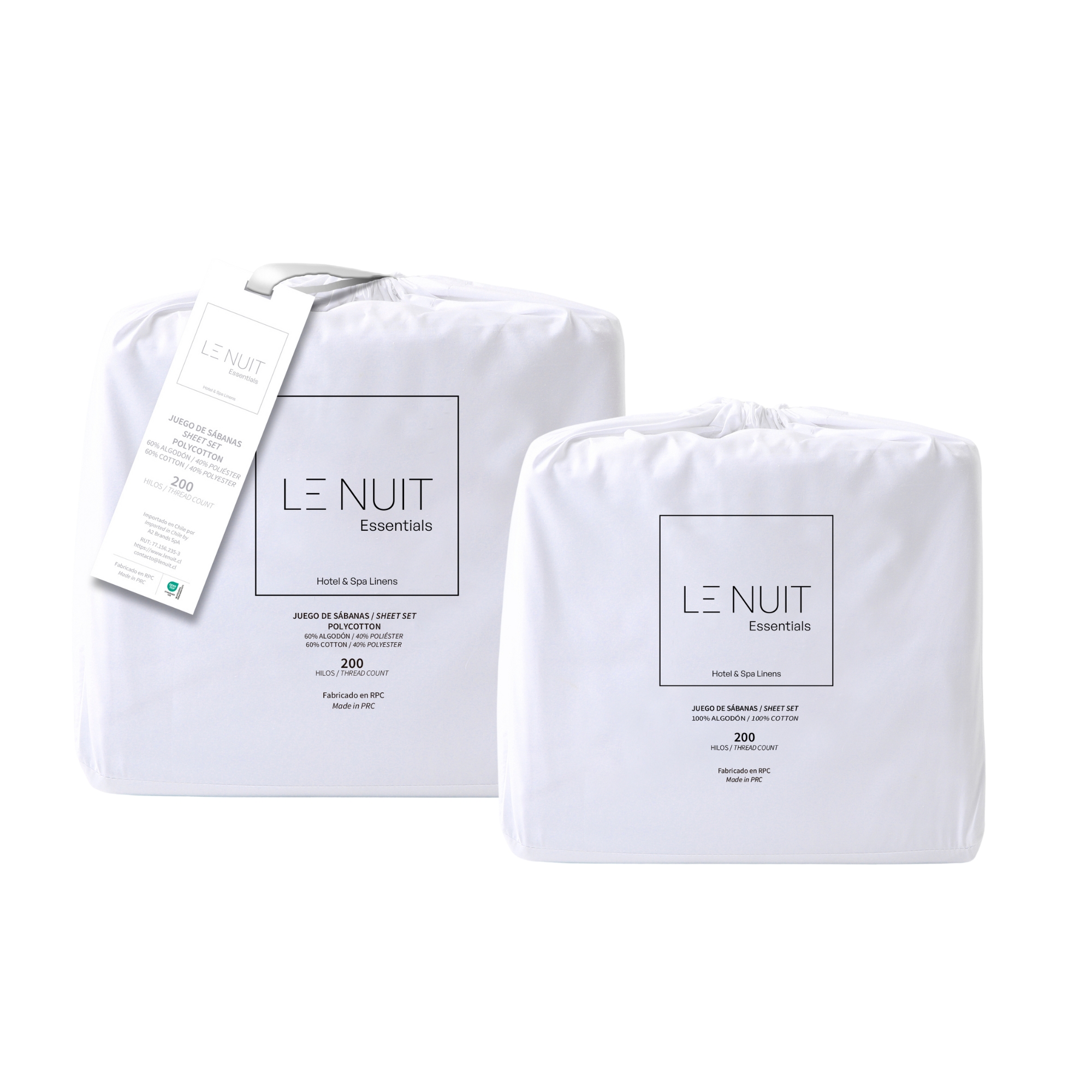 Le Nuit - 2 Sets Sábanas 2 Plazas Polycotton Percale 200 Hilos Essentials Liso Blanco