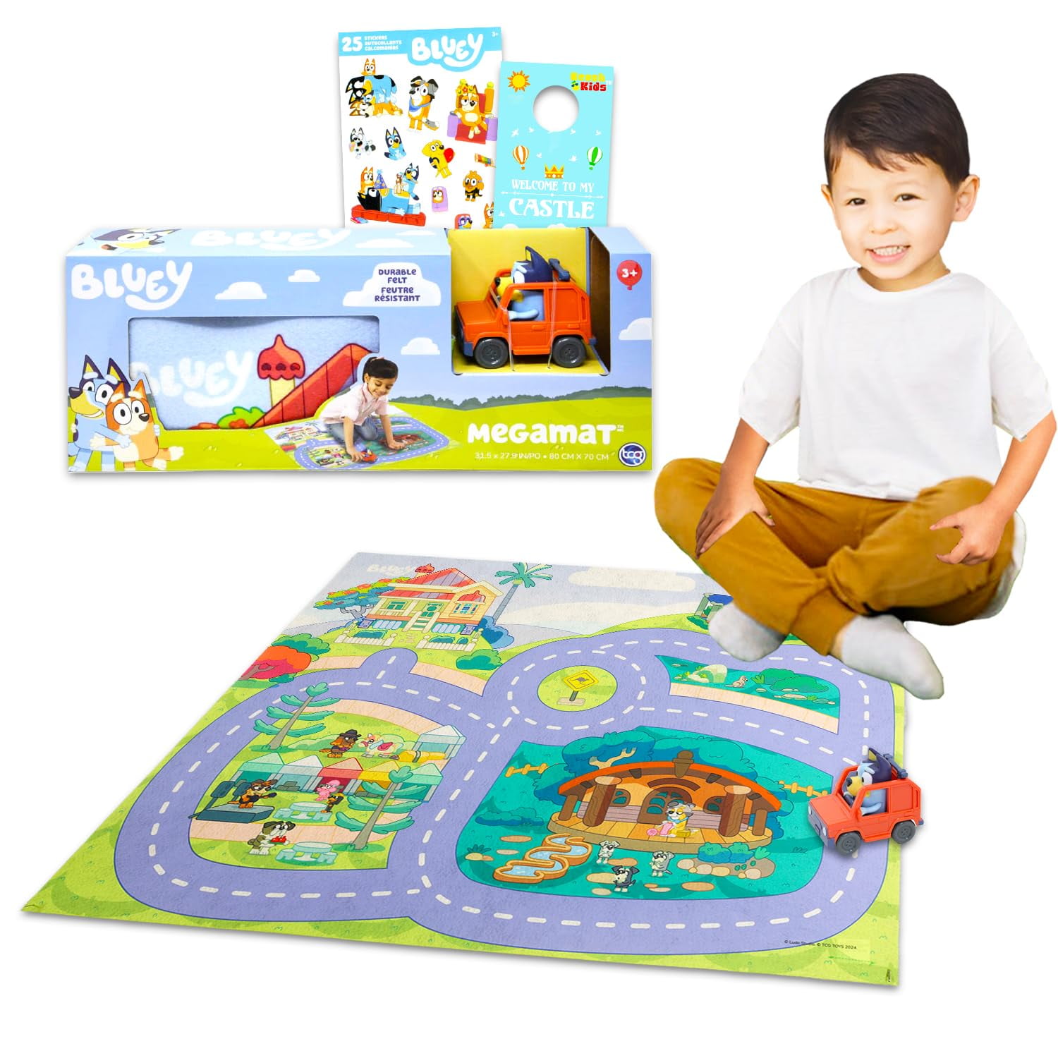 Tapete De Juego Bluey Megamat 80x70 Cm Set De Autos Con Stickers