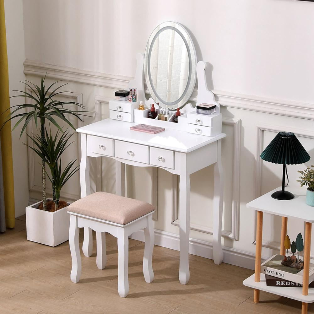 Castellaro - Tocador Maquillaje Madera Banca + Espejo Luz Led Caterina