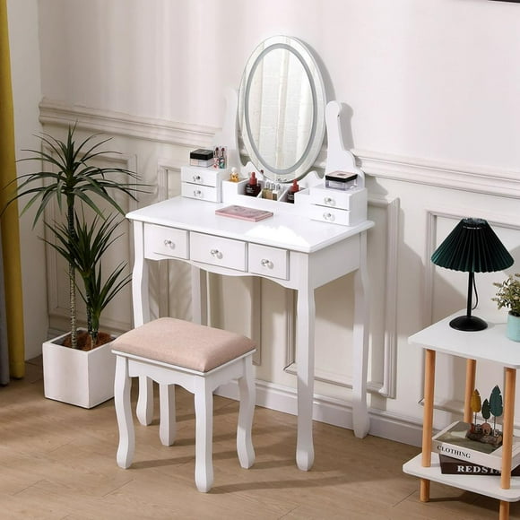 Tocador Maquillaje Madera Banca + Espejo Luz Led Caterina