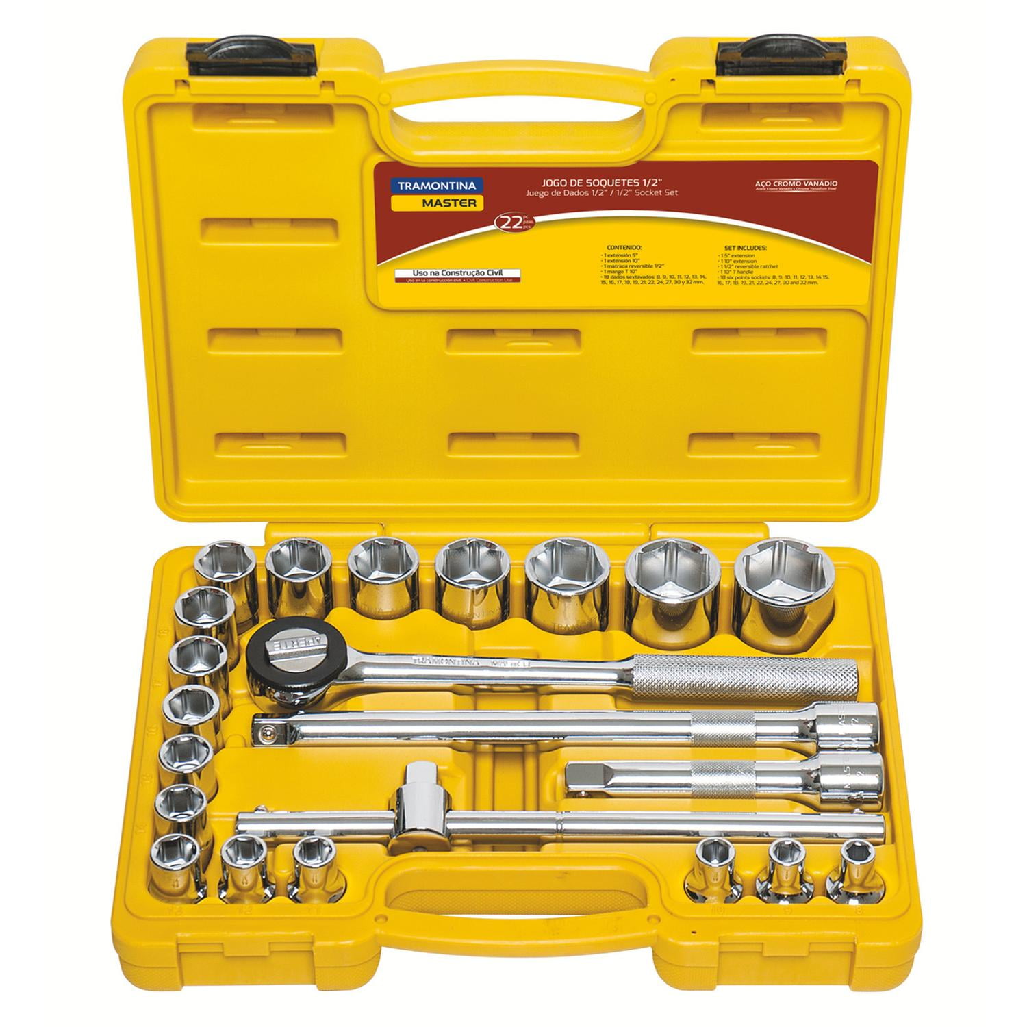 Tramontina - Juego De Dados Hexagonal Y Accesorios 1/2 22 Piezas Amarillo