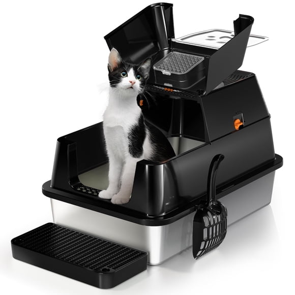 Caja de arena para gatos Eosarcu de acero inoxidable con tapa abatible XL, color negro