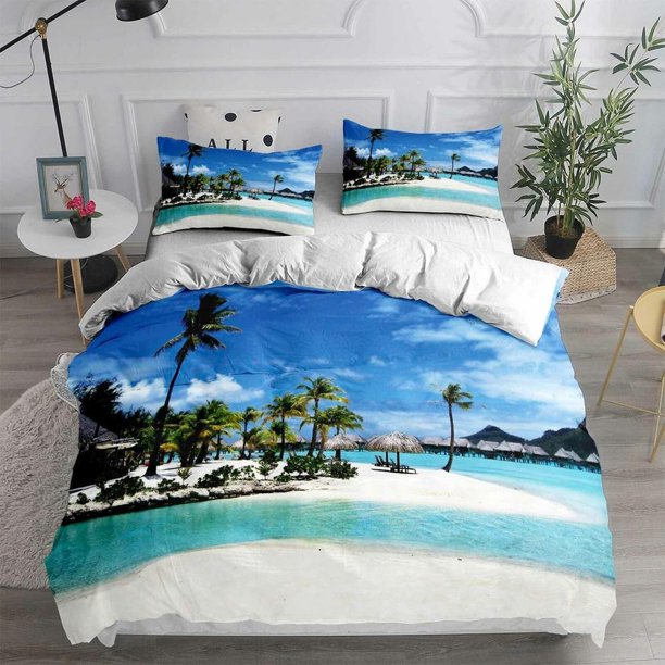 Beach Palm Tree Ocean Quilt Duvet Cover Set Bedroom Decor Bedding Queen3-Piece Bedding Set