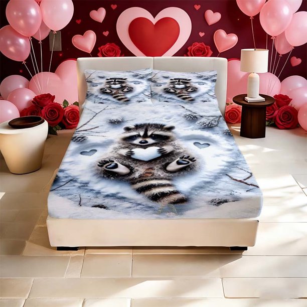 Raccoon Hugging Snowball Printed Fitted Sheet Set a Practical Set Made of Soft and Comfortable Material for a Cozy Sleep Experience Fits Various Bed Sizes Suita