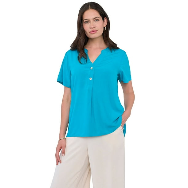 Blusa Mujer Manga Corta Botones Turquesa Corona