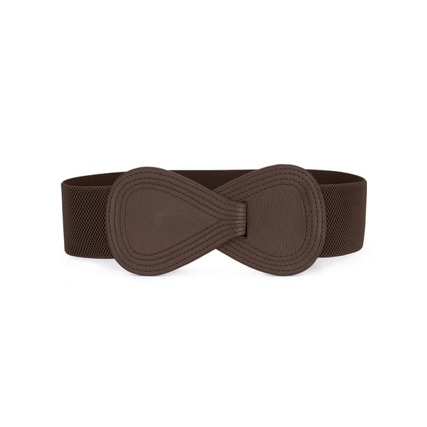 INSPIRE CHIC Cinturón elástico de cuero sintético con hebilla entrelazada en forma de 8 para dama, ajuste de cintura: 25"/63.5cm-37"/94cm Café