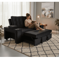 Camila Home - Sofá Cama Confort Plus 2 Plazas Negro Felpa Reclinable Con Baúl Y Cojines