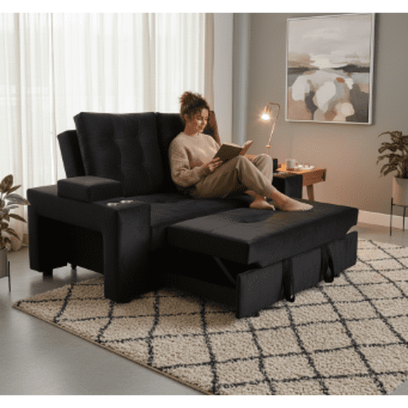 Sofá Cama Confort Plus 2 Plazas Negro Felpa Reclinable con Baúl y Cojines