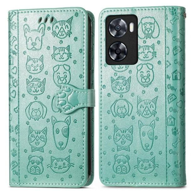 Funda Cartera FOXDOCK para OPPO A57 4G , Flip PU con Relieve de Gatos y Perros, Tarjetero y Soporte