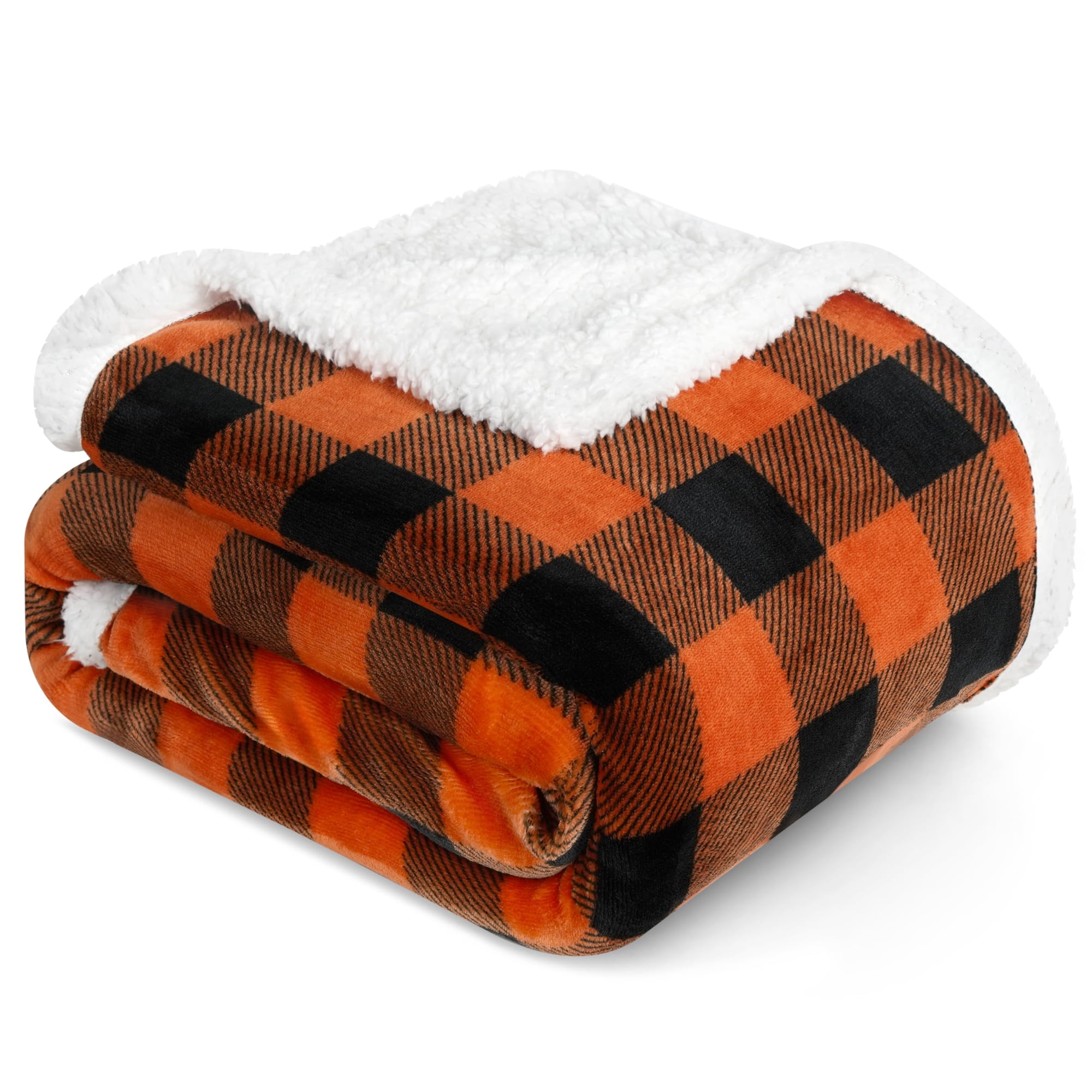 Manta Pavilia Buffalo Plaid Sherpa Negra Y Naranja, 150 X 200 Cm