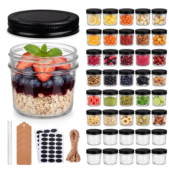 Frascos Mini Mason De Vidrio 4 Oz Tapas Negras Paquete De 40