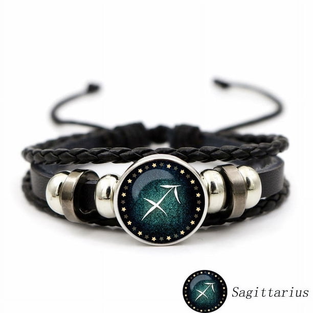 Luminous Twelve Constellation Artificial Gemstone Bracelet ,Beaded Rope PU Leather 12 Constellation Woven Bracelet